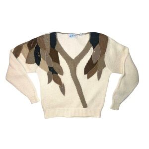 Vintage Liz Thomas Embroidered Leaves Cream Sweater Acrylic Cream Brown Size Lrg